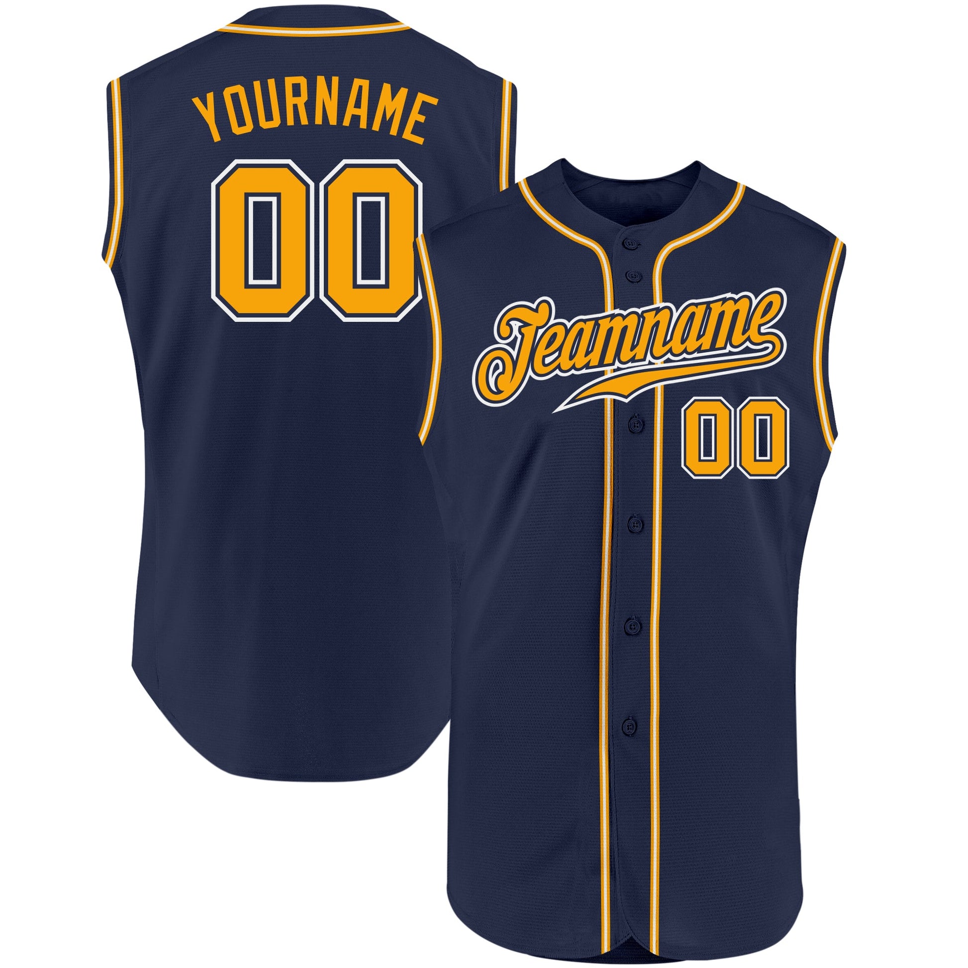 Custom Navy Gold-White Authentic Sleeveless Baseball Jersey - Main View