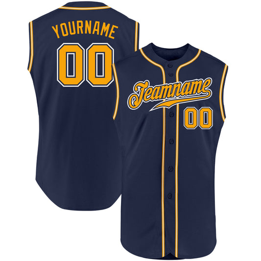 Custom Navy Gold-White Authentic Sleeveless Baseball Jersey - Main View