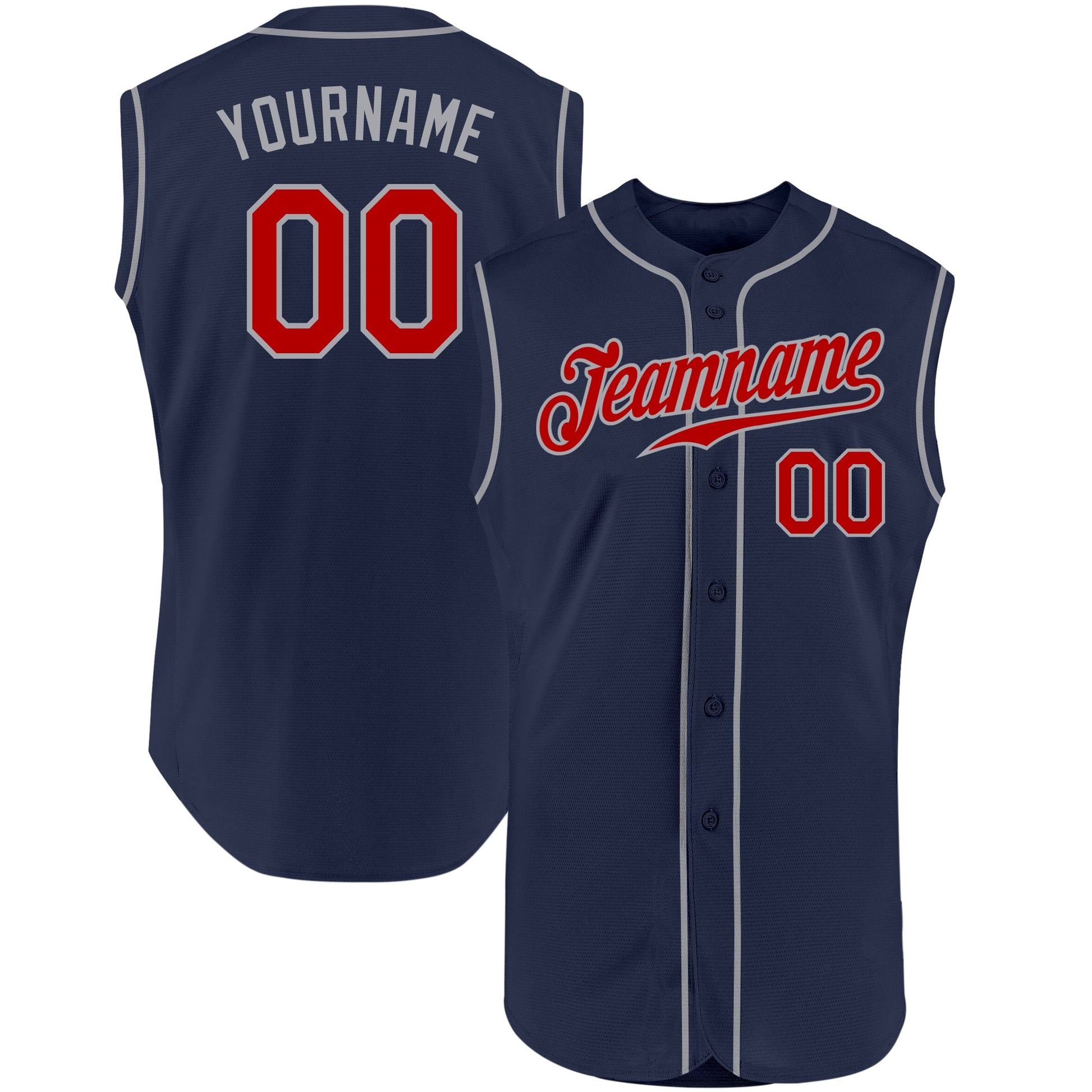 Custom Navy Red-Gray Authentic Sleeveless Baseball Jersey - Main View