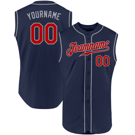 Custom Navy Red-Gray Authentic Sleeveless Baseball Jersey - Main View