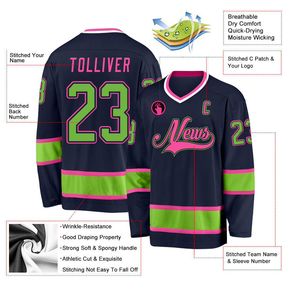 Custom Navy Neon Green-Pink Hockey Jersey view 2