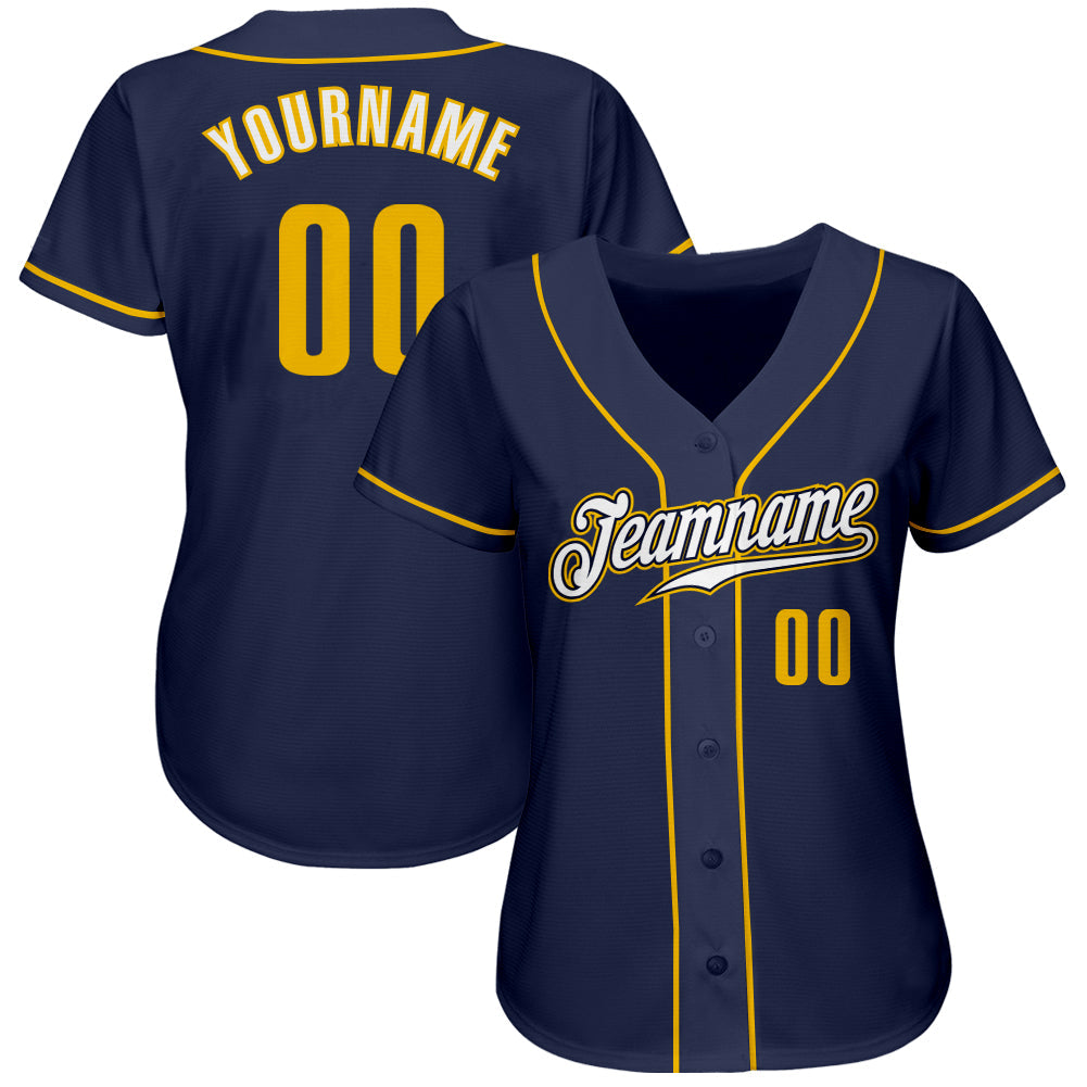 Custom Navy Gold-White Authentic Baseball Jersey view 2