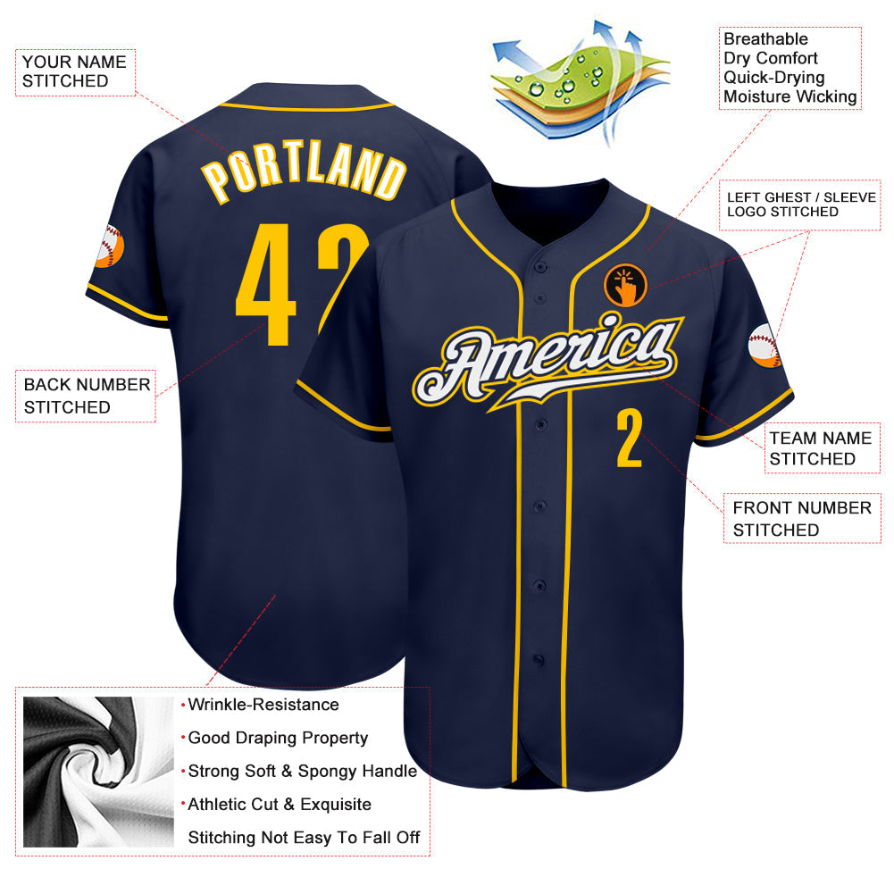 Custom Navy Gold-White Authentic Baseball Jersey view 3