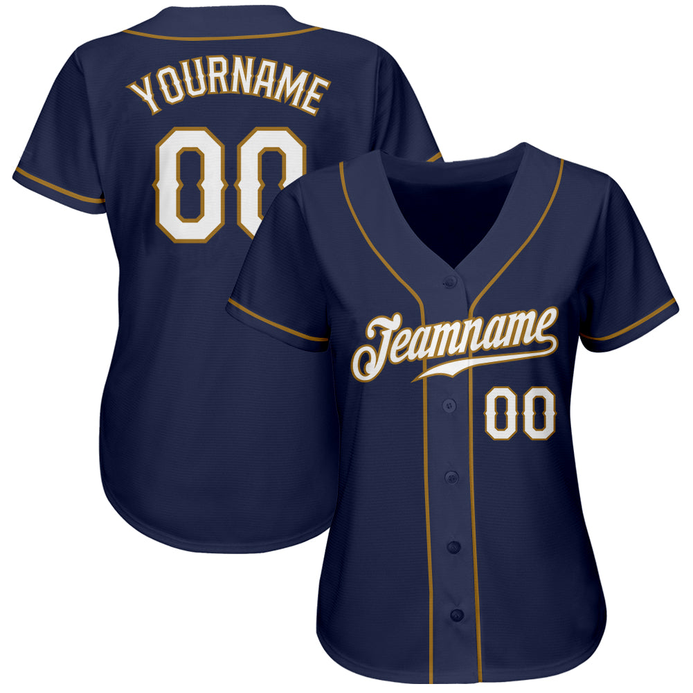 Custom Navy White-Old Gold Authentic Baseball Jersey view 2