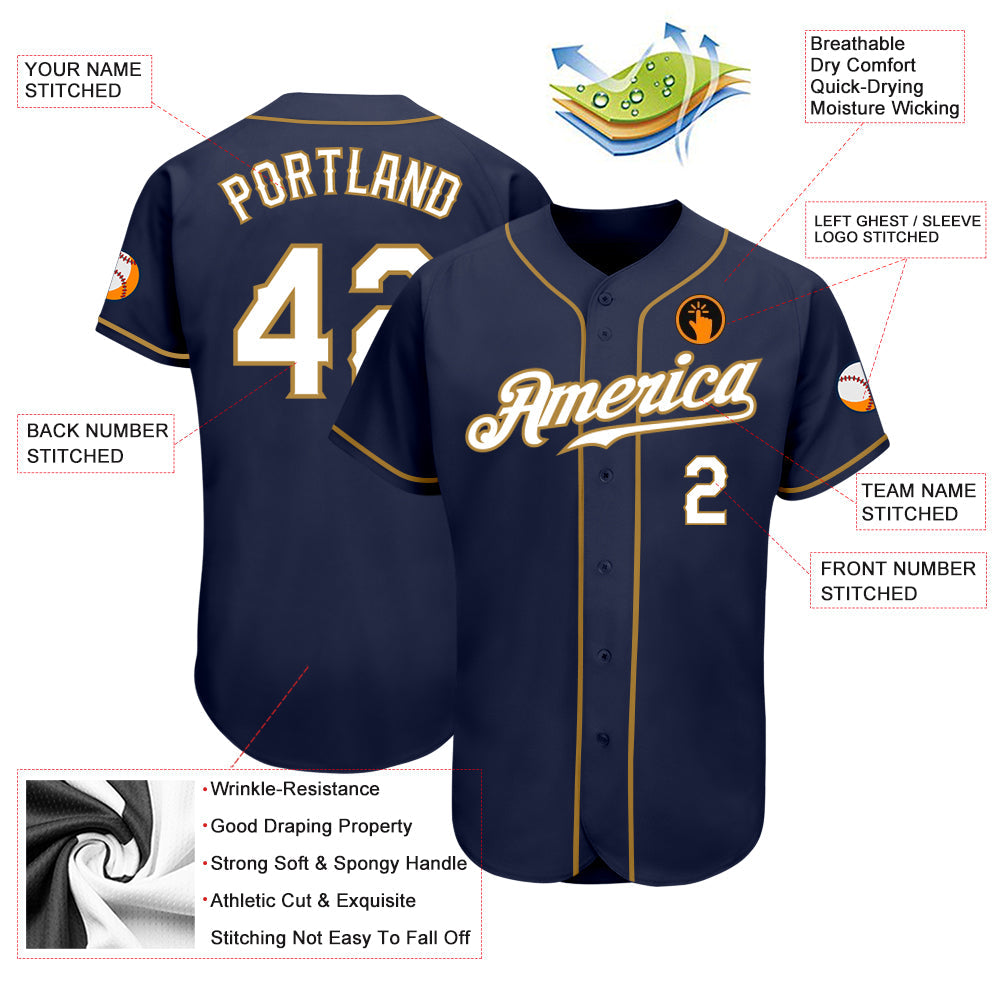 Custom Navy White-Old Gold Authentic Baseball Jersey view 3