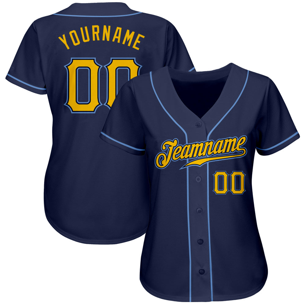 Custom Navy Gold-Light Blue Authentic Baseball Jersey view 2