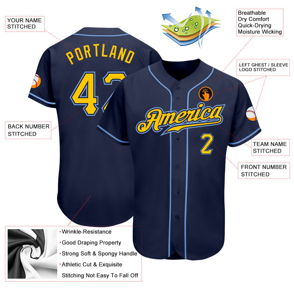 Custom Navy Gold-Light Blue Authentic Baseball Jersey view 3