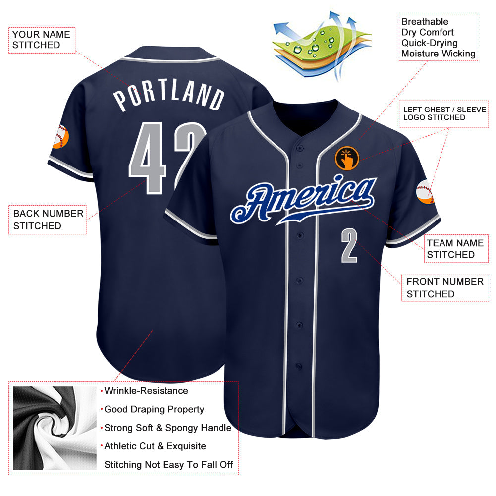 Custom Navy Gray-White Authentic Baseball Jersey view 3