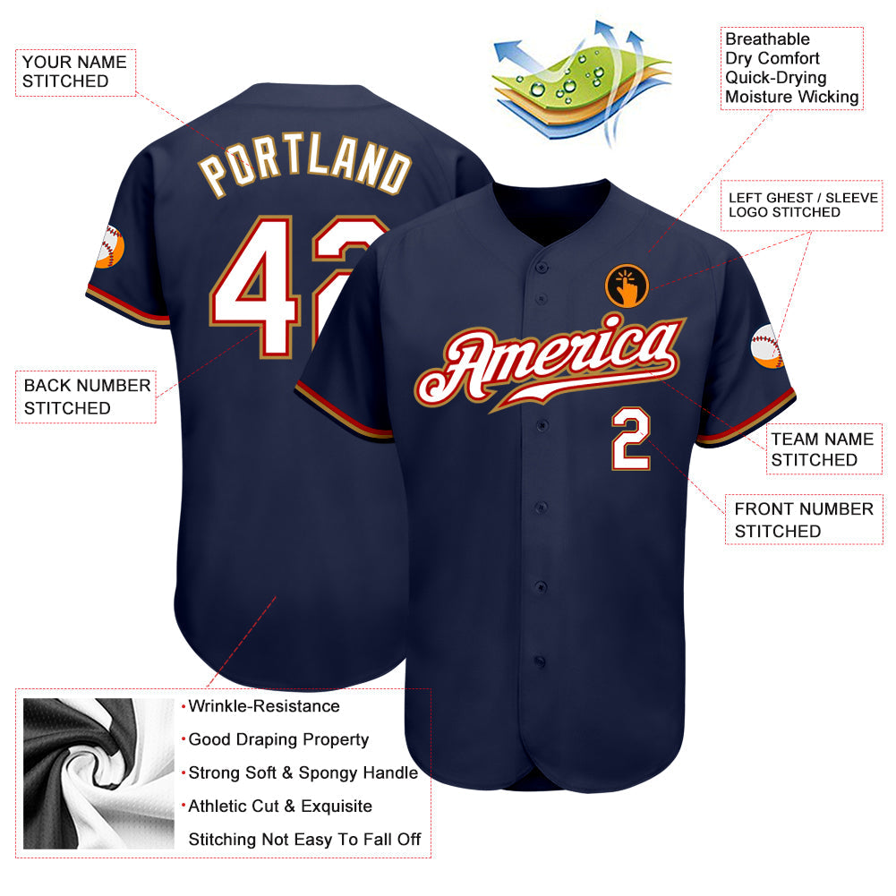 Custom Navy White-Old Gold Authentic Baseball Jersey view 3