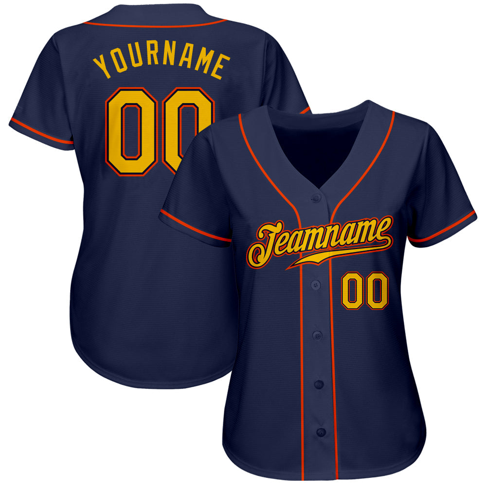 Custom Navy Gold-Orange Authentic Baseball Jersey view 2