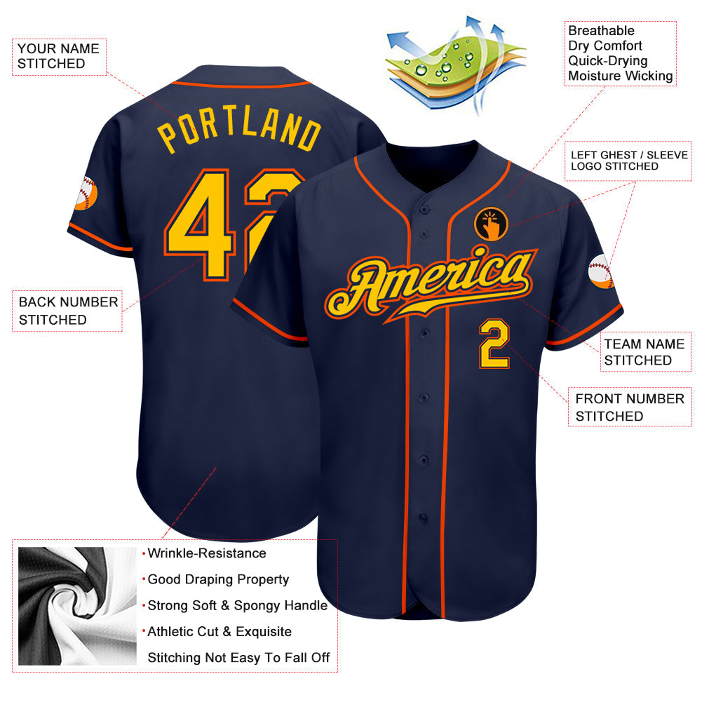 Custom Navy Gold-Orange Authentic Baseball Jersey view 3