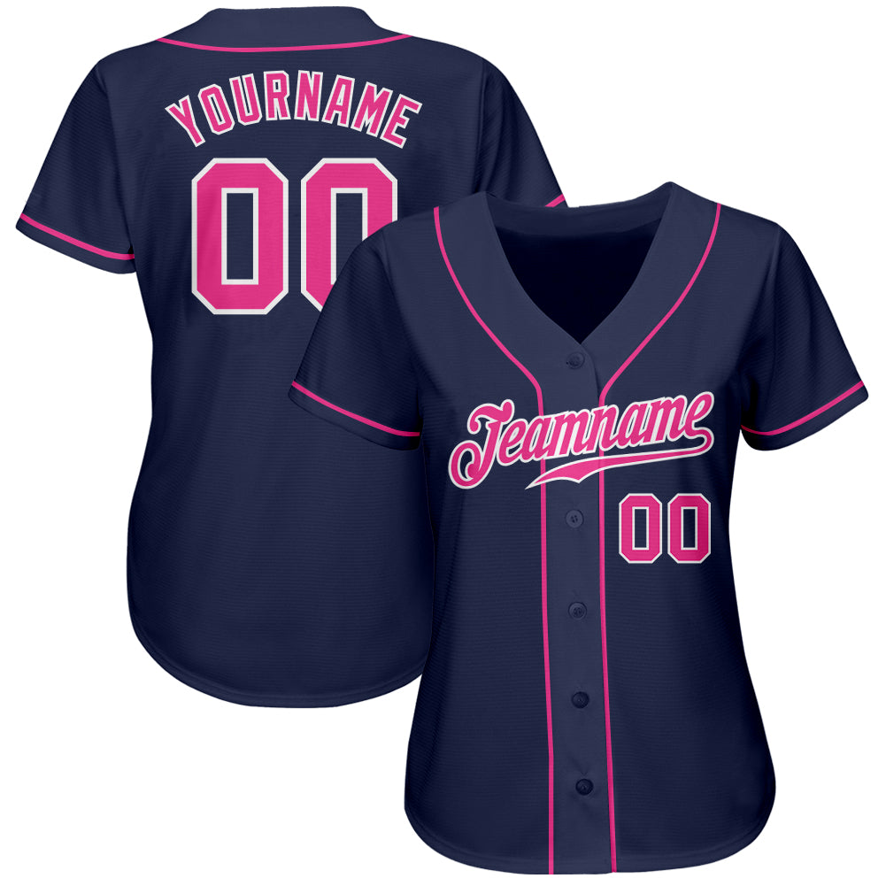 Custom Navy Pink-White Authentic Baseball Jersey view 2