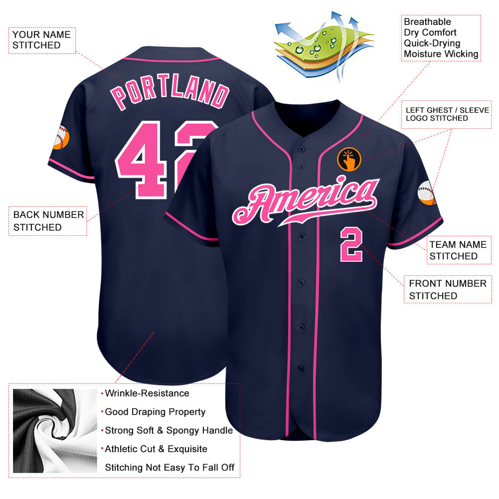 Custom Navy Pink-White Authentic Baseball Jersey view 3