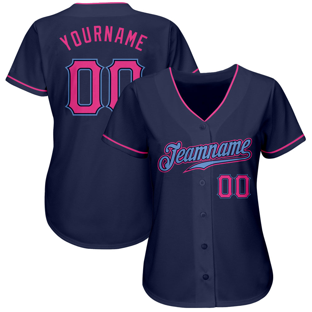 Custom Navy Pink-Light Blue Authentic Baseball Jersey view 2