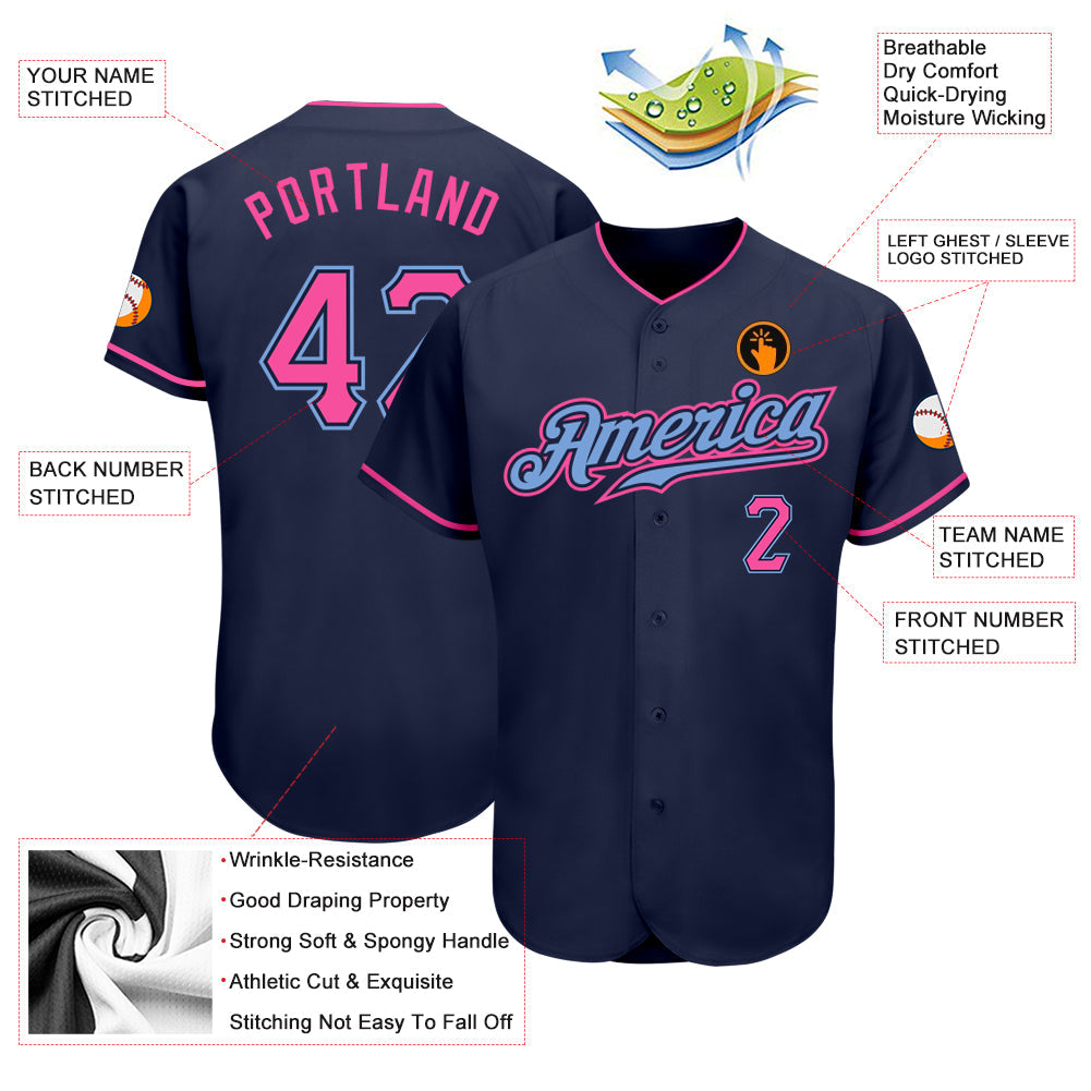 Custom Navy Pink-Light Blue Authentic Baseball Jersey view 3