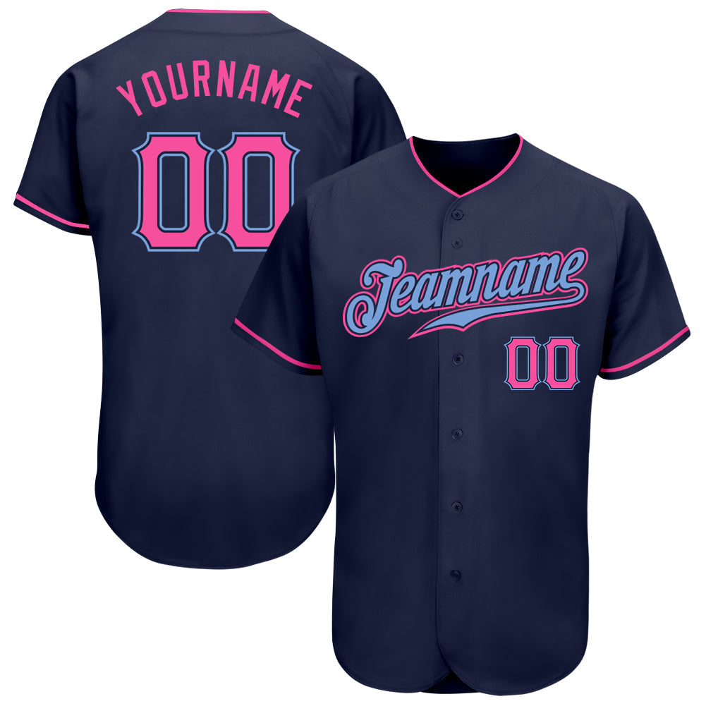 Custom Navy Pink-Light Blue Authentic Baseball Jersey - Main View