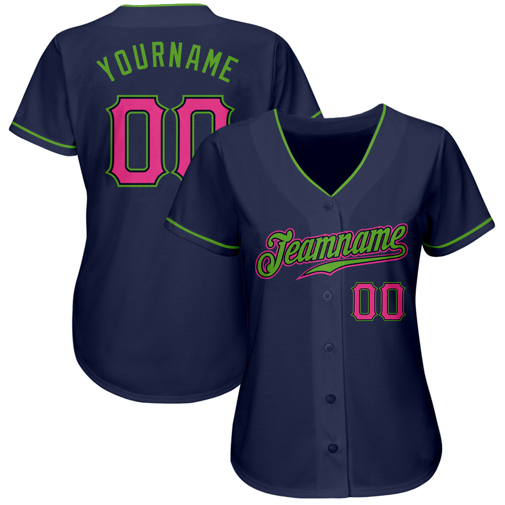 Custom Navy Pink-Neon Green Authentic Baseball Jersey view 2