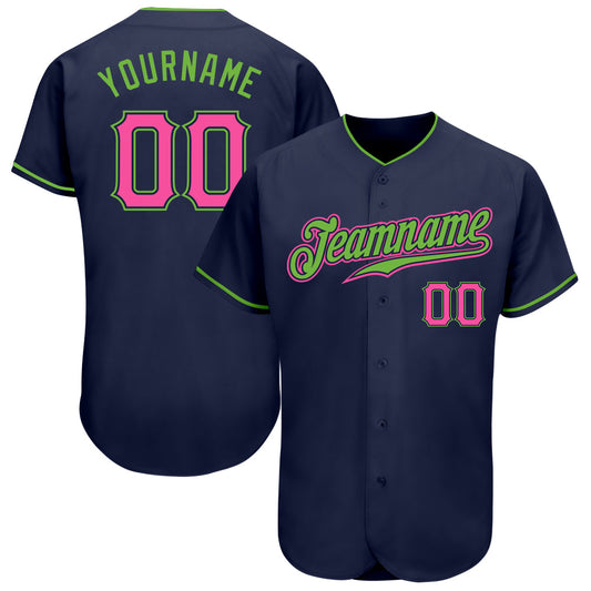 Custom Navy Pink-Neon Green Authentic Baseball Jersey - Main View