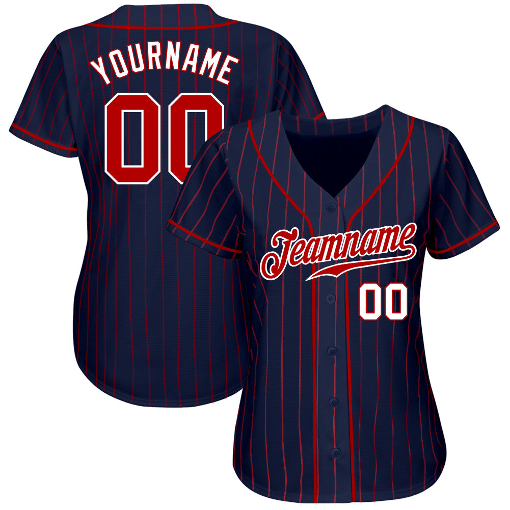Custom Navy Red Pinstripe Red-White Authentic Baseball Jersey view 2