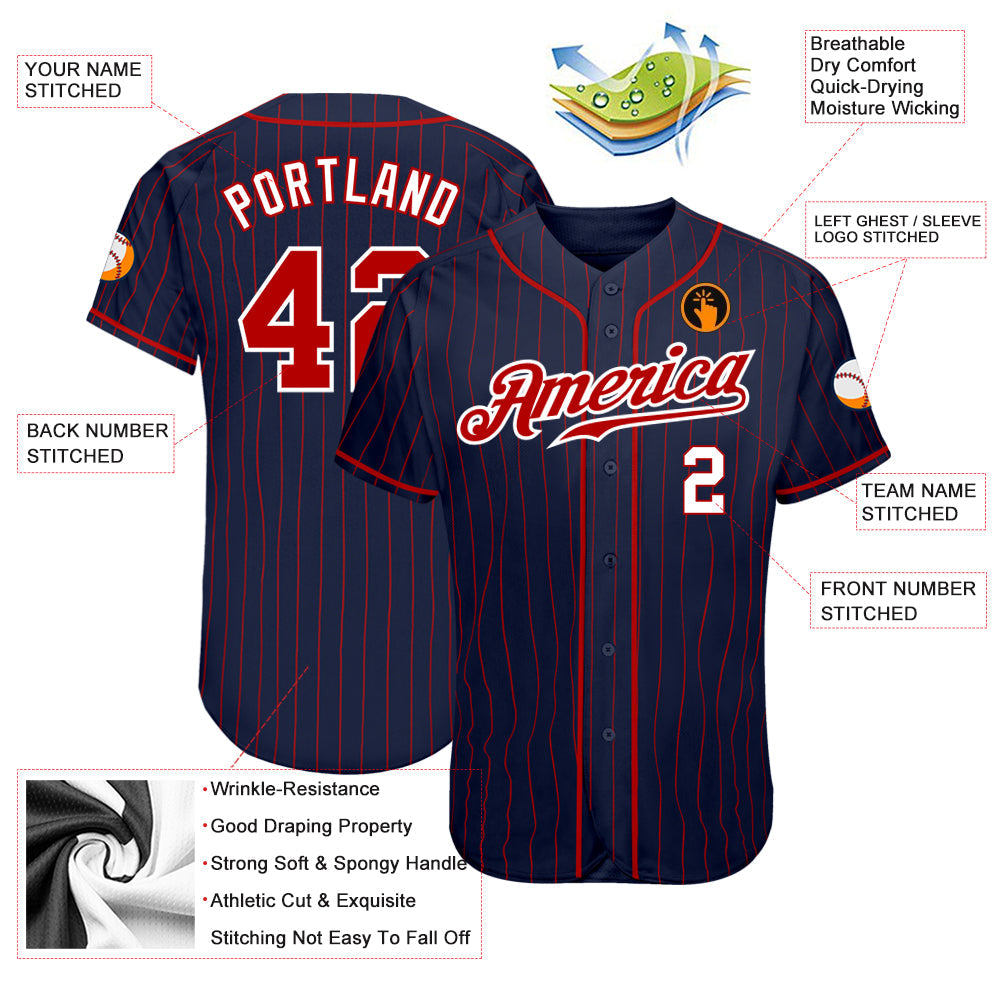 Custom Navy Red Pinstripe Red-White Authentic Baseball Jersey view 3