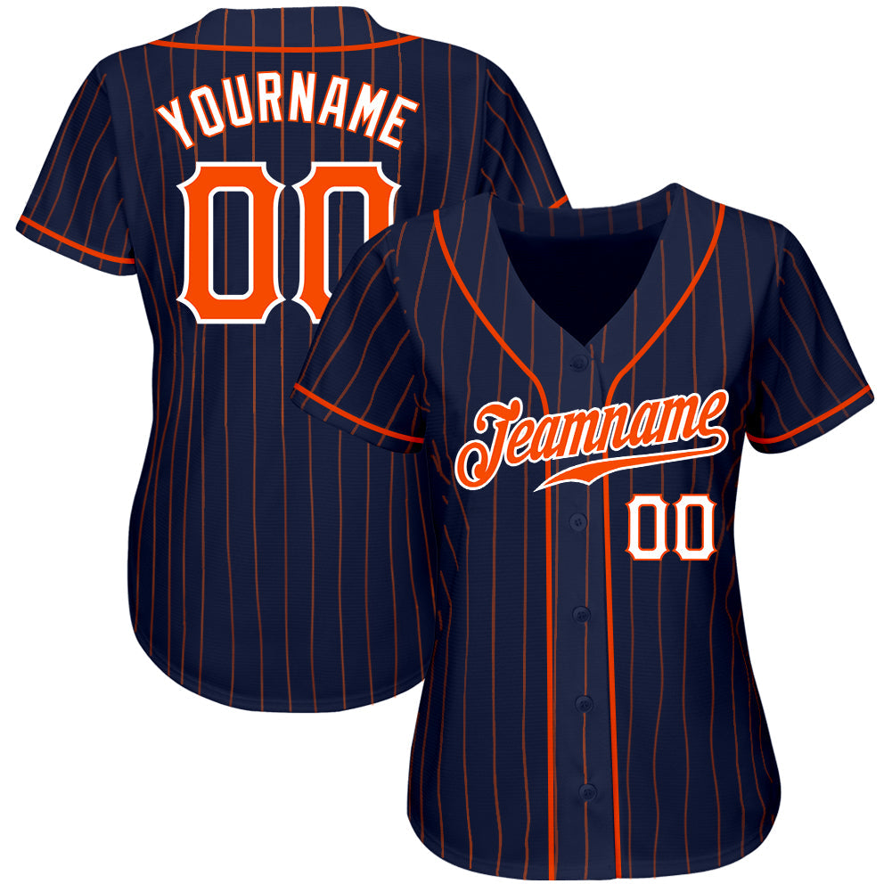 Custom Navy Orange Pinstripe Orange-White Authentic Baseball Jersey view 2
