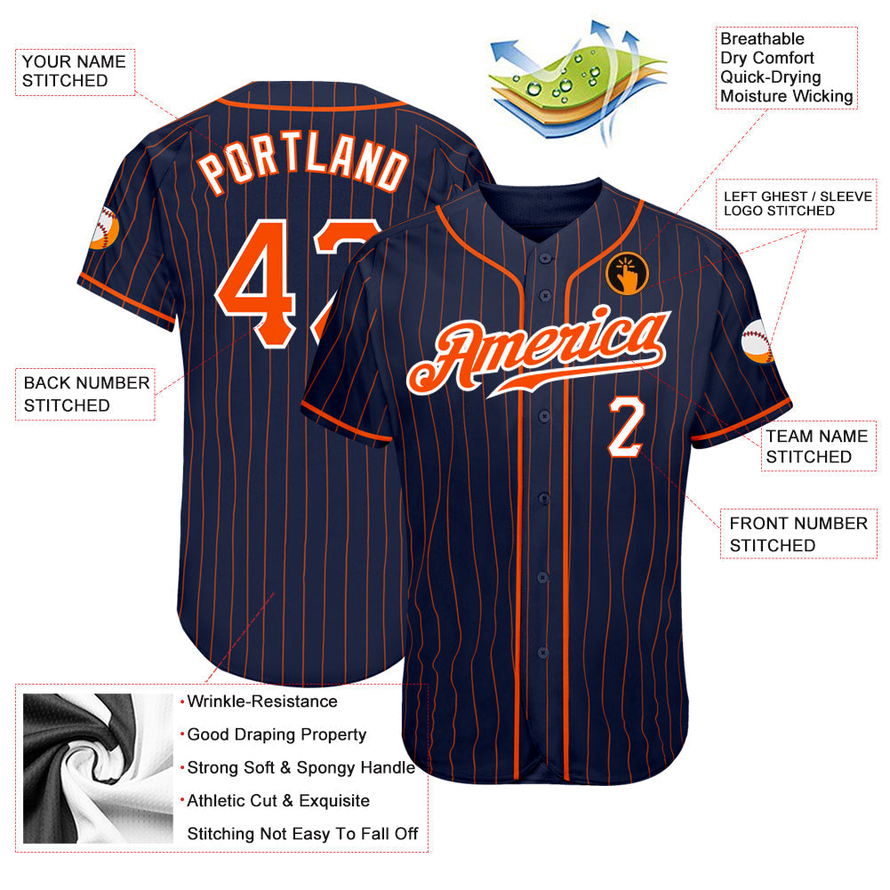Custom Navy Orange Pinstripe Orange-White Authentic Baseball Jersey view 3