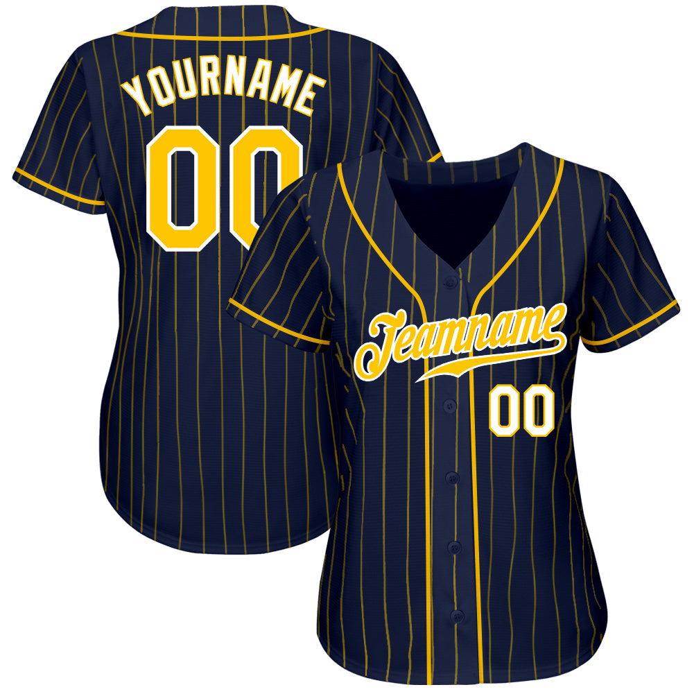 Custom Navy Gold Pinstripe Gold-White Authentic Baseball Jersey view 2