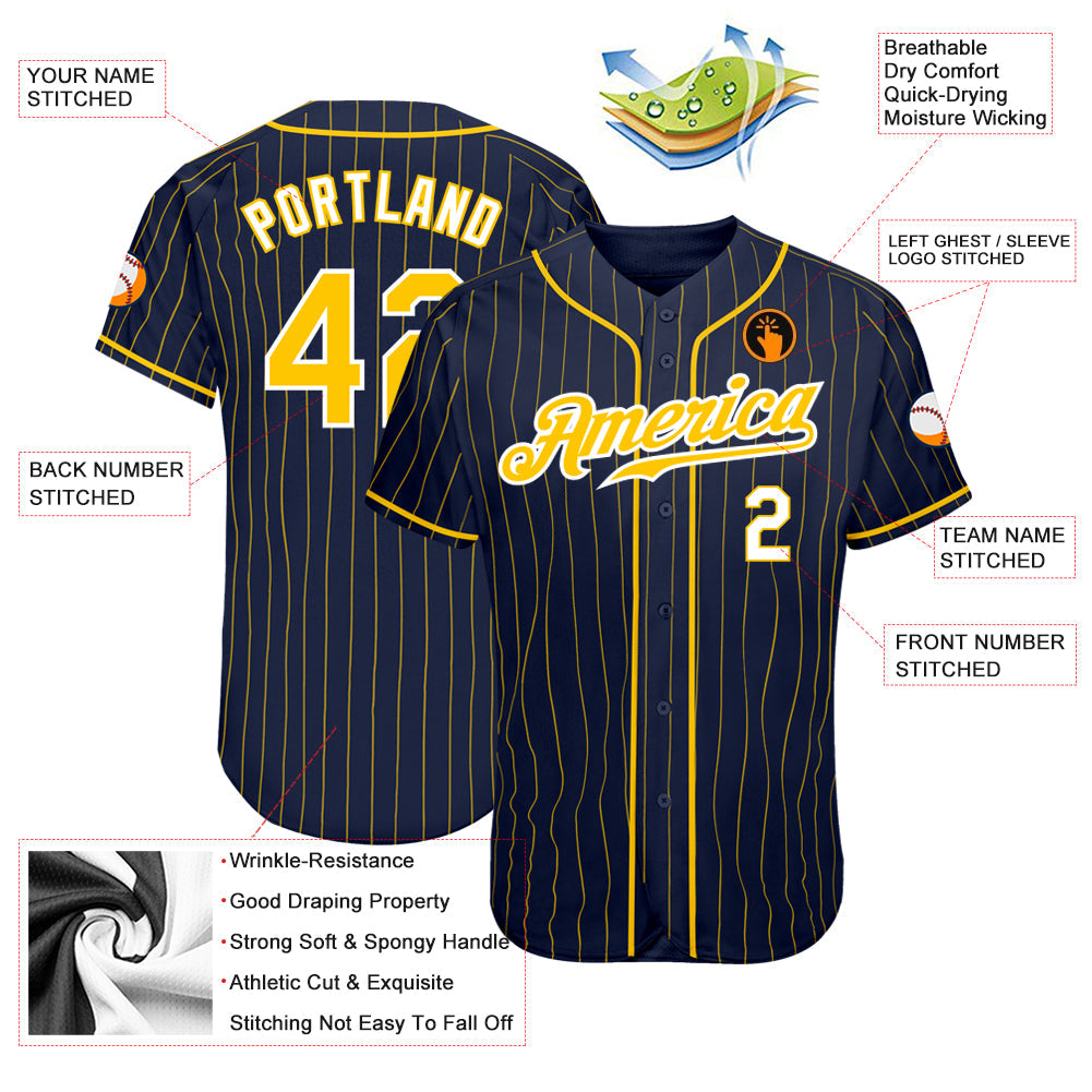 Custom Navy Gold Pinstripe Gold-White Authentic Baseball Jersey view 3