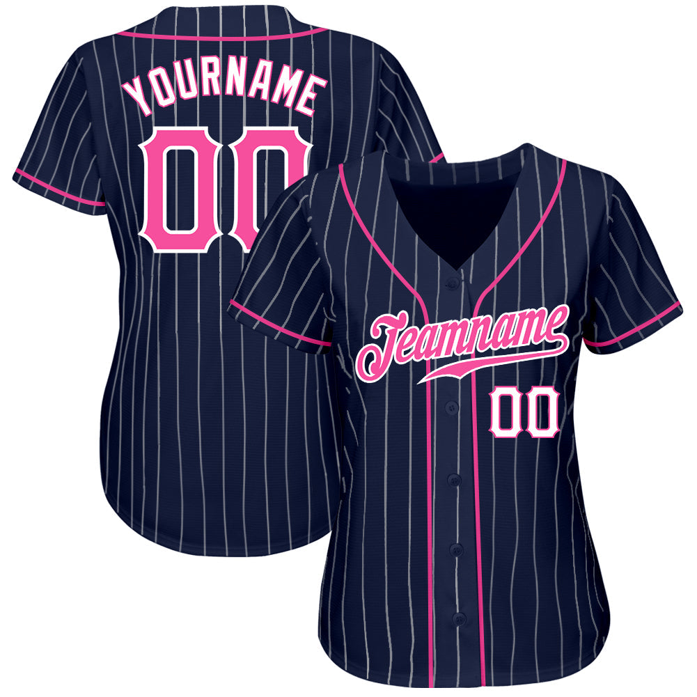 Custom Navy White Pinstripe Pink-White Authentic Baseball Jersey view 2