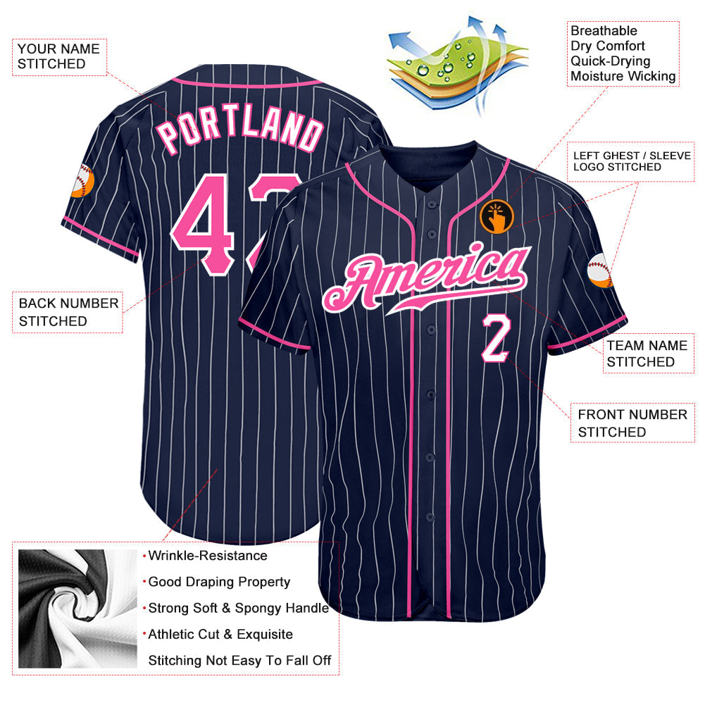 Custom Navy White Pinstripe Pink-White Authentic Baseball Jersey view 3