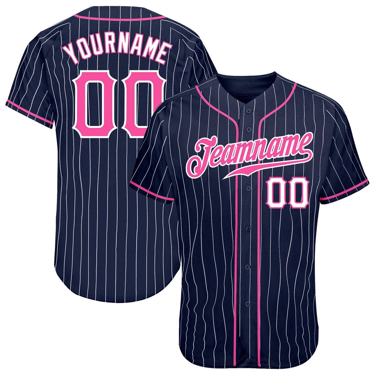 Custom Navy White Pinstripe Pink-White Authentic Baseball Jersey - Main View