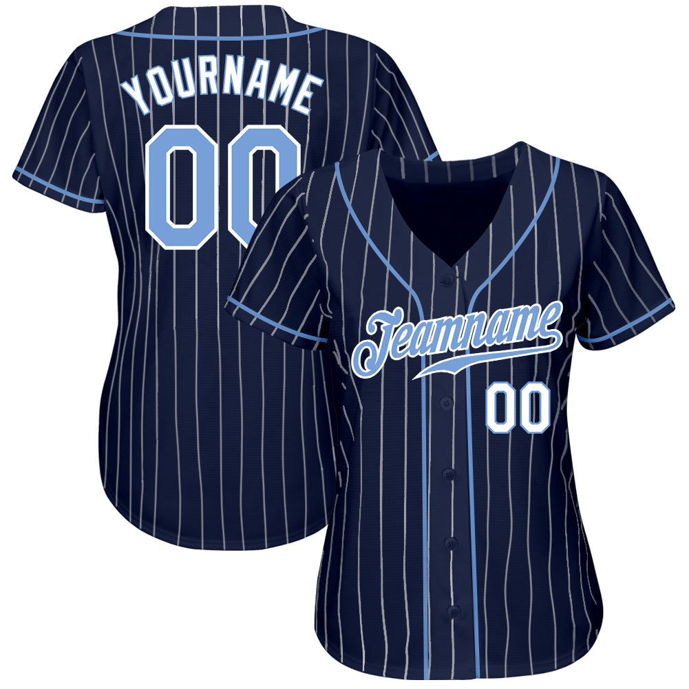 Custom Navy White Pinstripe Light Blue-White Authentic Baseball Jersey view 3