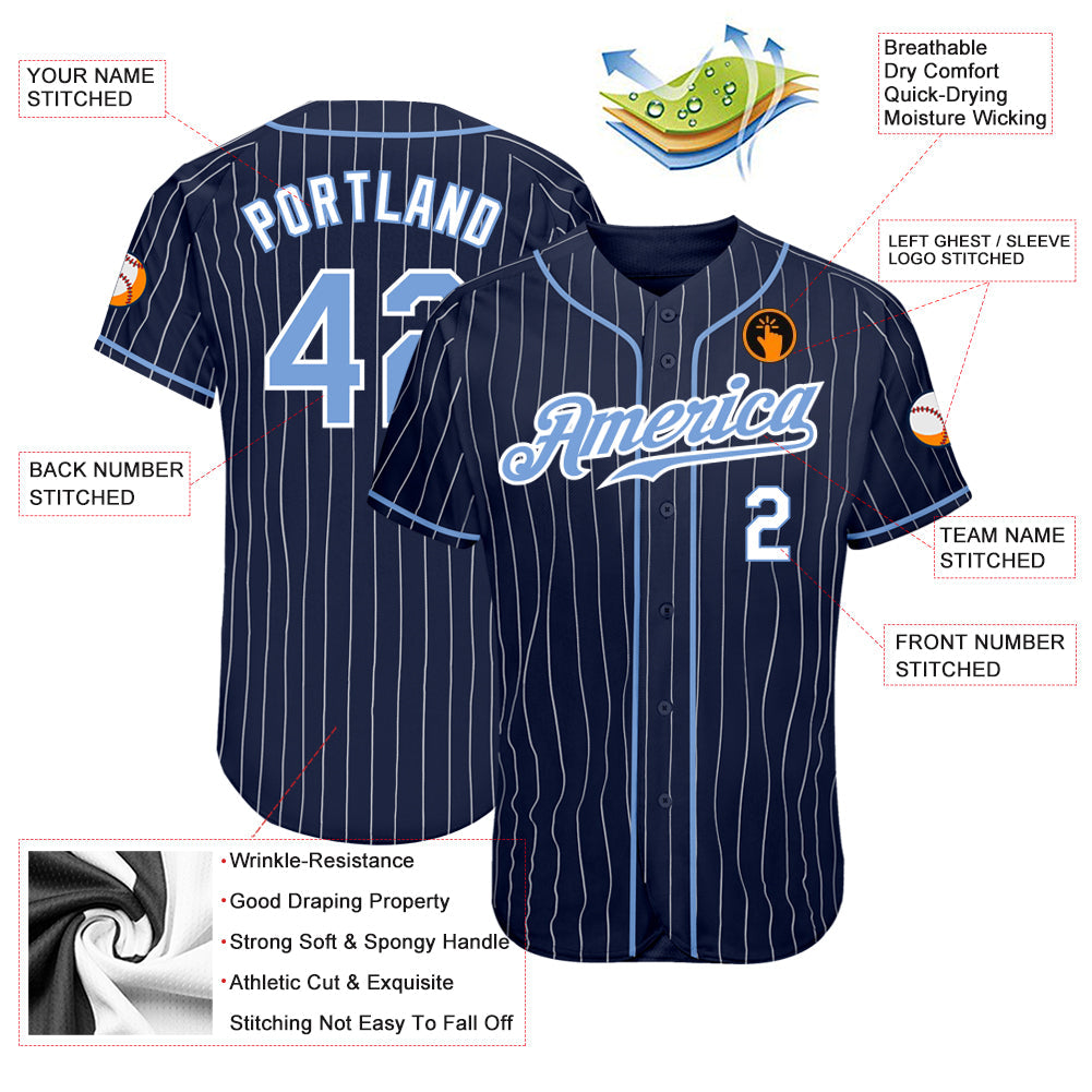 Custom Navy White Pinstripe Light Blue-White Authentic Baseball Jersey view 4