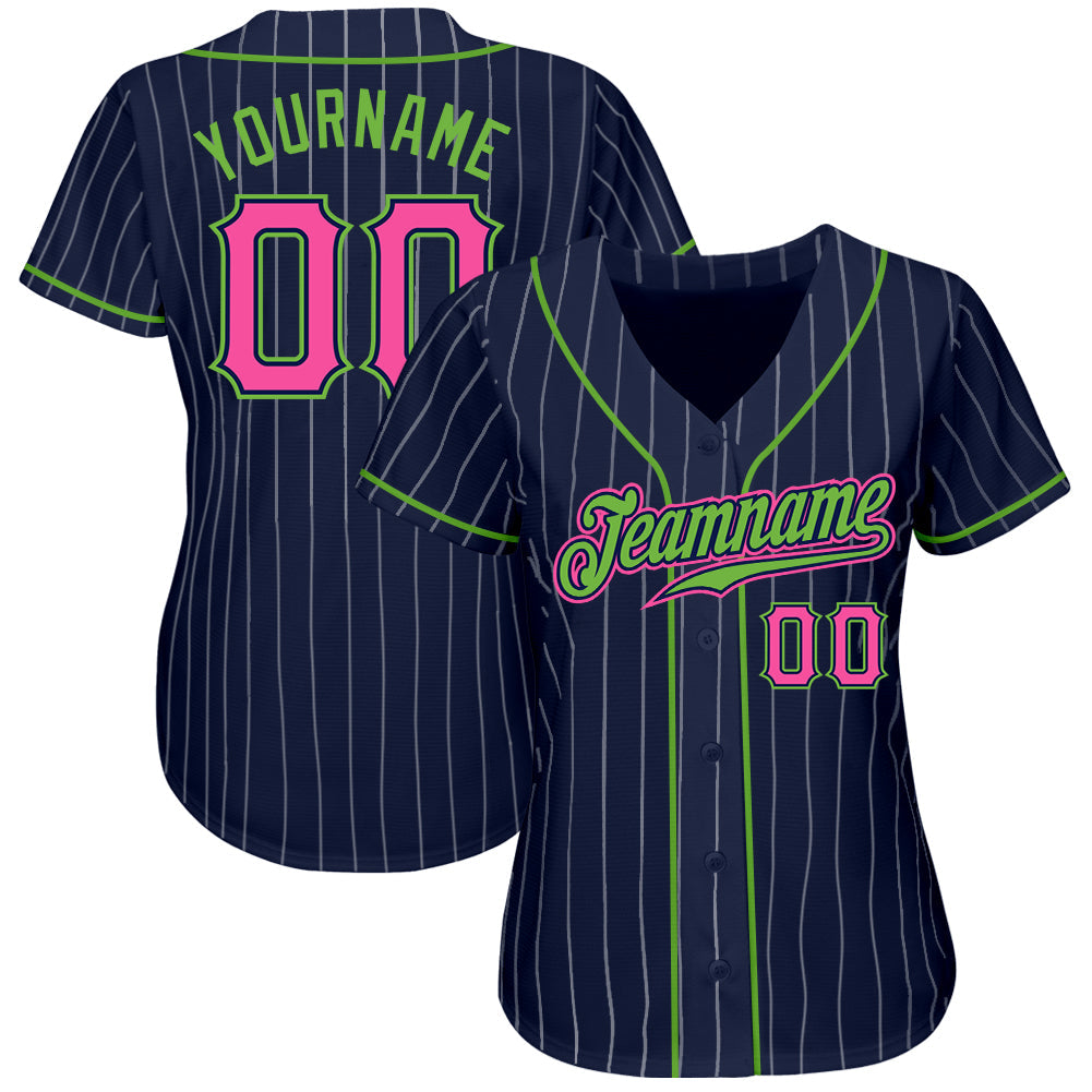 Custom Navy White Pinstripe Pink-Neon Green Authentic Baseball Jersey view 2