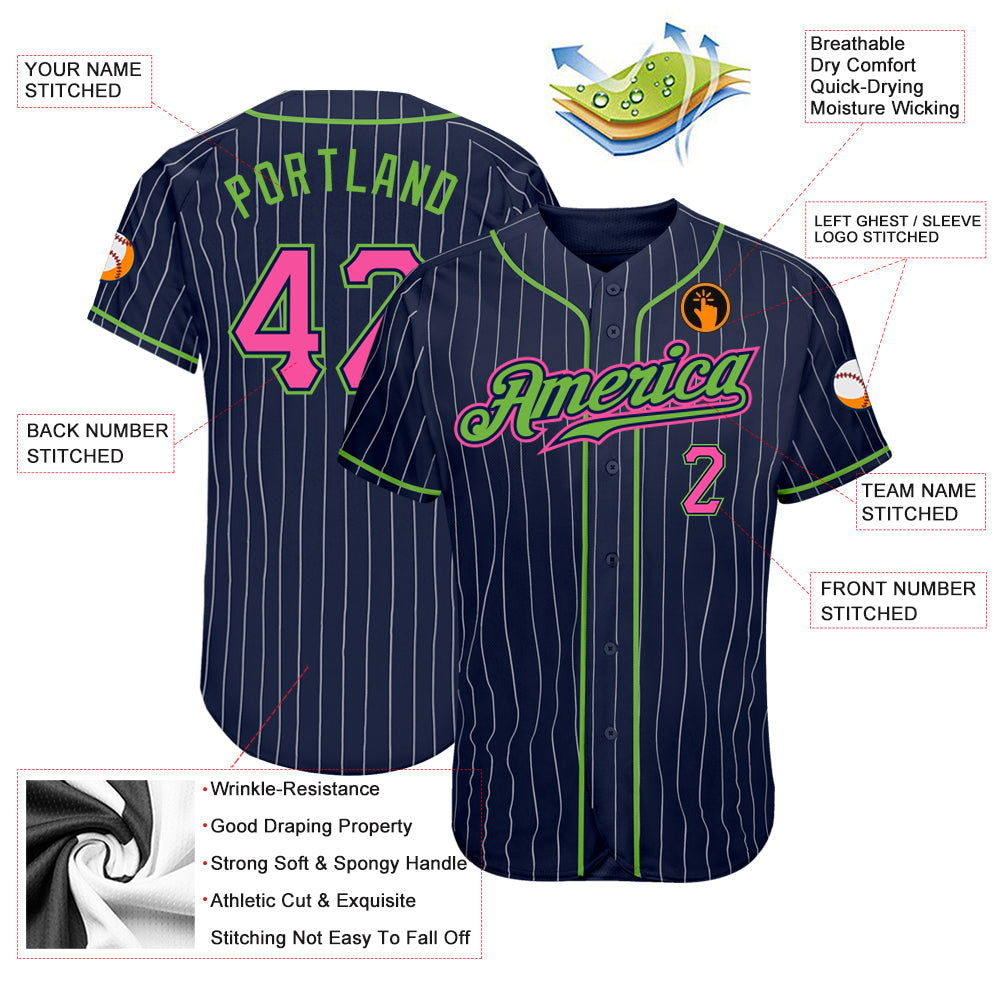 Custom Navy White Pinstripe Pink-Neon Green Authentic Baseball Jersey view 3