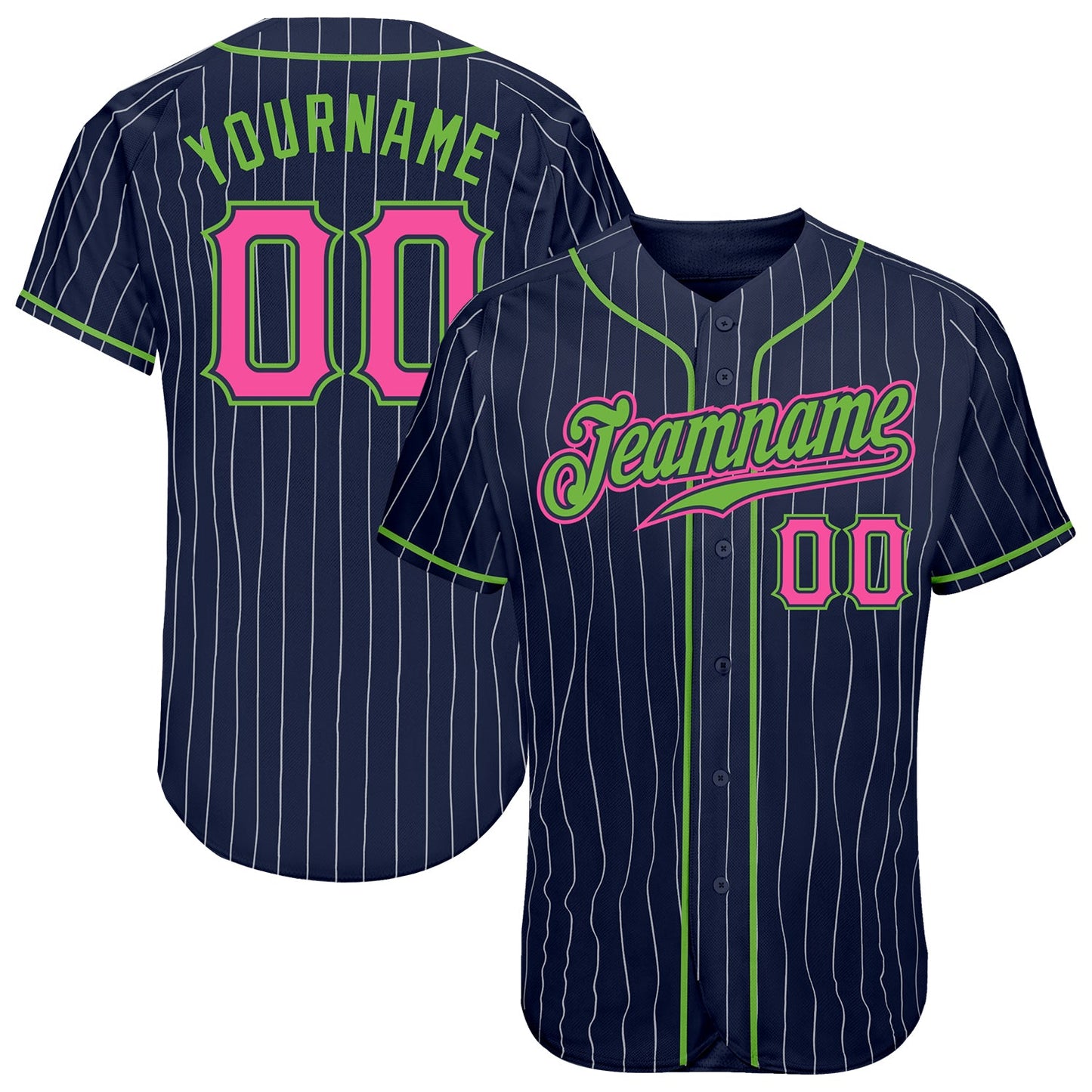 Custom Navy White Pinstripe Pink-Neon Green Authentic Baseball Jersey - Main View