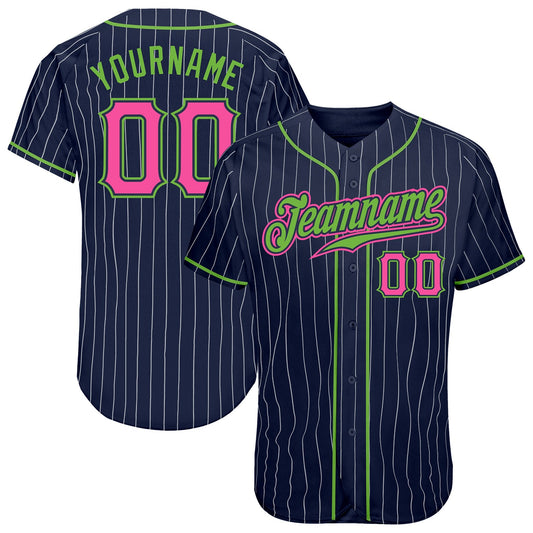 Custom Navy White Pinstripe Pink-Neon Green Authentic Baseball Jersey - Main View