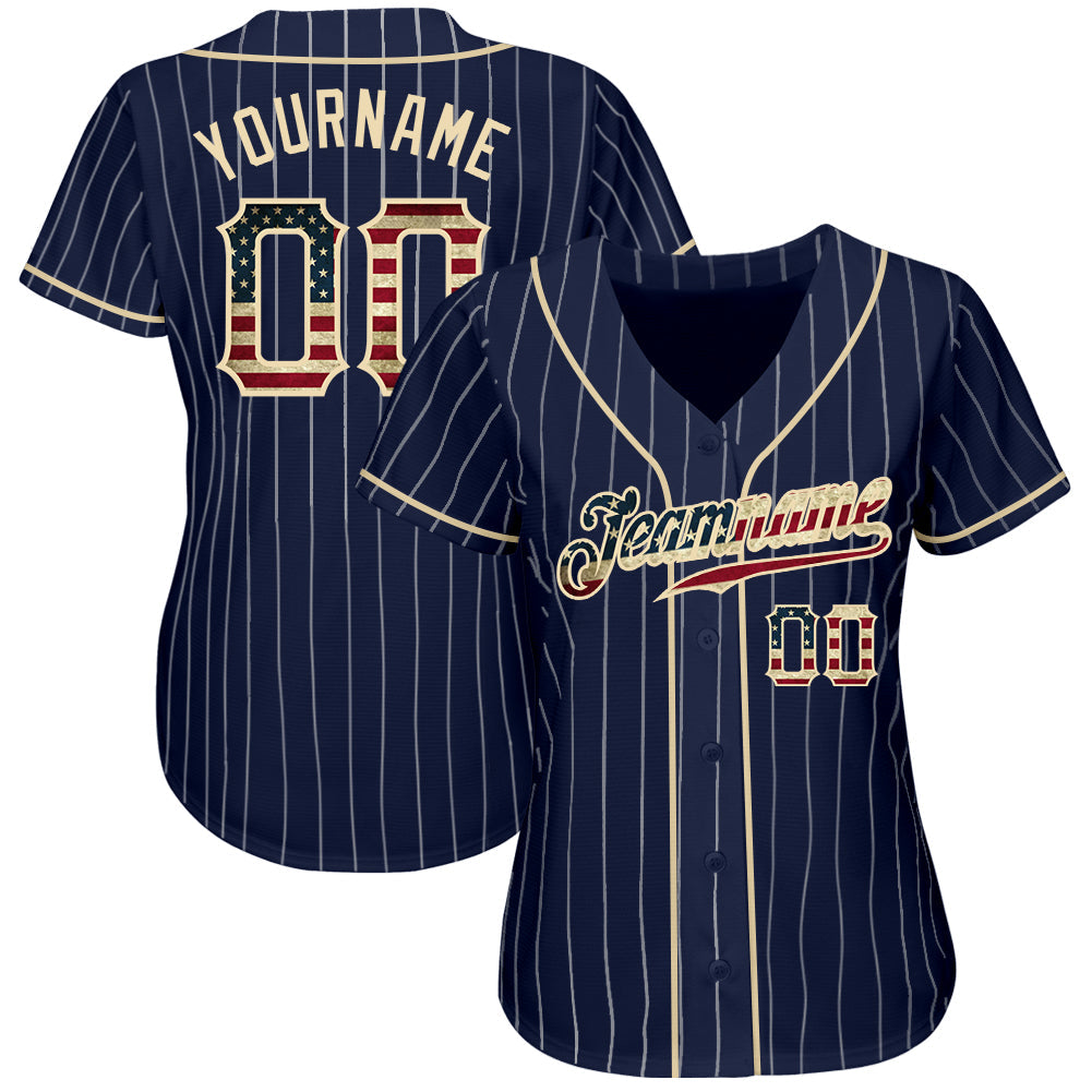 Custom Navy White Pinstripe Vintage USA Flag-Cream Authentic Baseball Jersey view 3