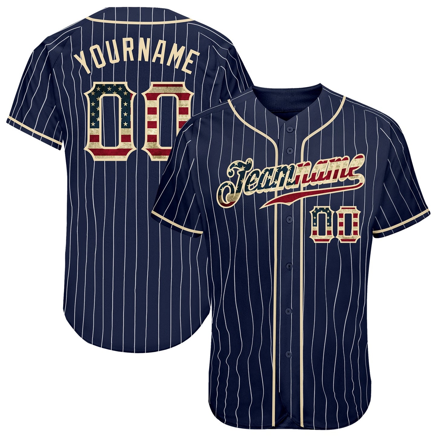 Custom Navy White Pinstripe Vintage USA Flag-Cream Authentic Baseball Jersey - Main View