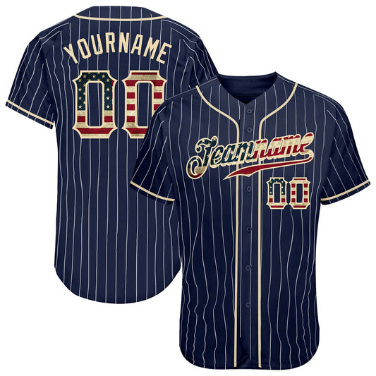 Custom Navy White Pinstripe Vintage USA Flag-Cream Authentic Baseball Jersey - Main View