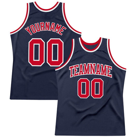 Custom Navy Red-White Authentic Throwback Basketball Jersey - Main View