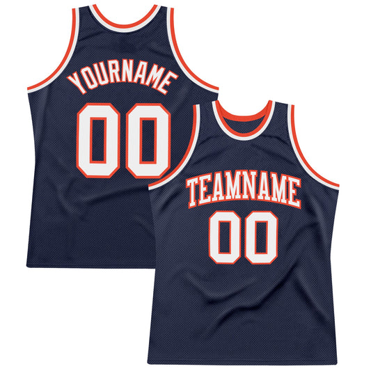 Custom Navy White-Orange Authentic Throwback Basketball Jersey - Main View