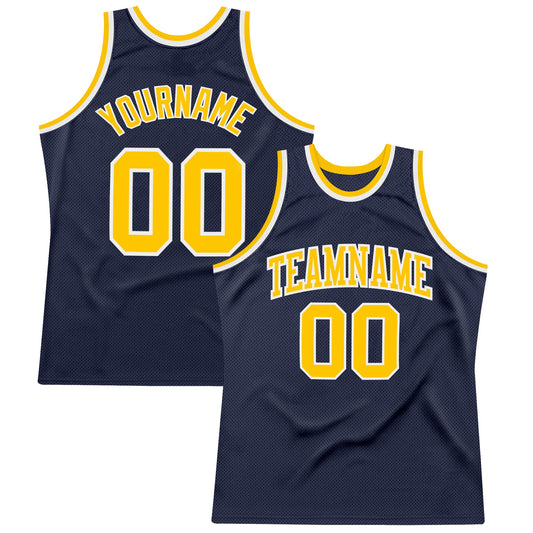 Custom Navy Gold-White Authentic Throwback Basketball Jersey - Main View