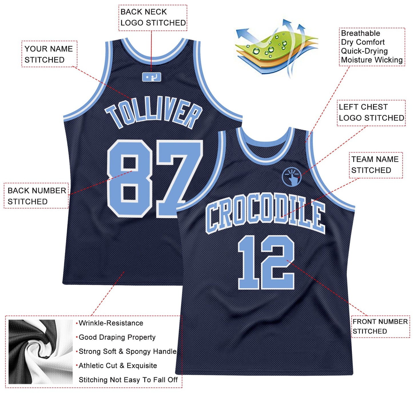 Custom Navy Light Blue-White Authentic Throwback Basketball Jersey view 2