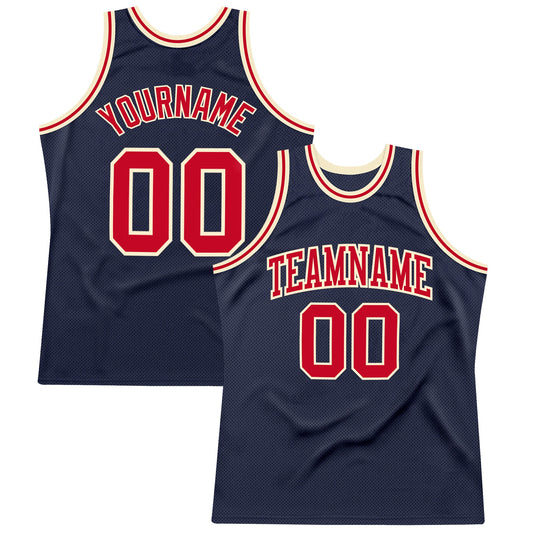 Custom Navy Red-Cream Authentic Throwback Basketball Jersey - Main View