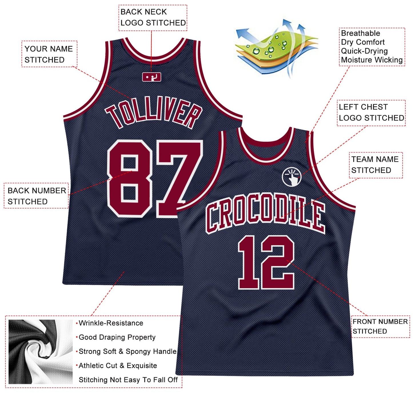 Custom Navy Maroon-White Authentic Throwback Basketball Jersey view 2