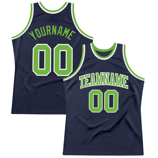 Custom Navy Neon Green-White Authentic Throwback Basketball Jersey - Main View