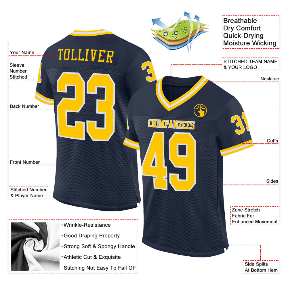Custom Navy Gold-White Mesh Authentic Throwback Football Jersey view 2