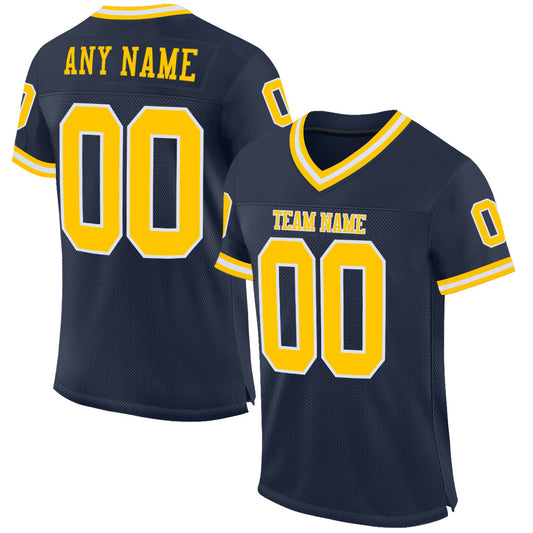 Custom Navy Gold-White Mesh Authentic Throwback Football Jersey - Main View