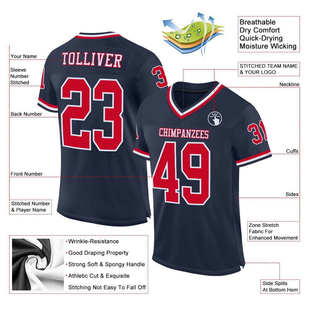 Custom Navy Red-White Mesh Authentic Throwback Football Jersey view 2